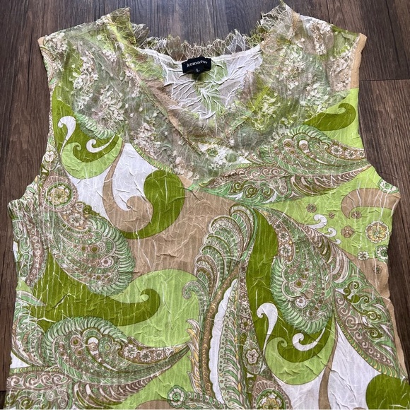Komarov Vtg Green White Paisley Sleeveless V Neck Women’s Top Stretch Soft L - Picture 7 of 10